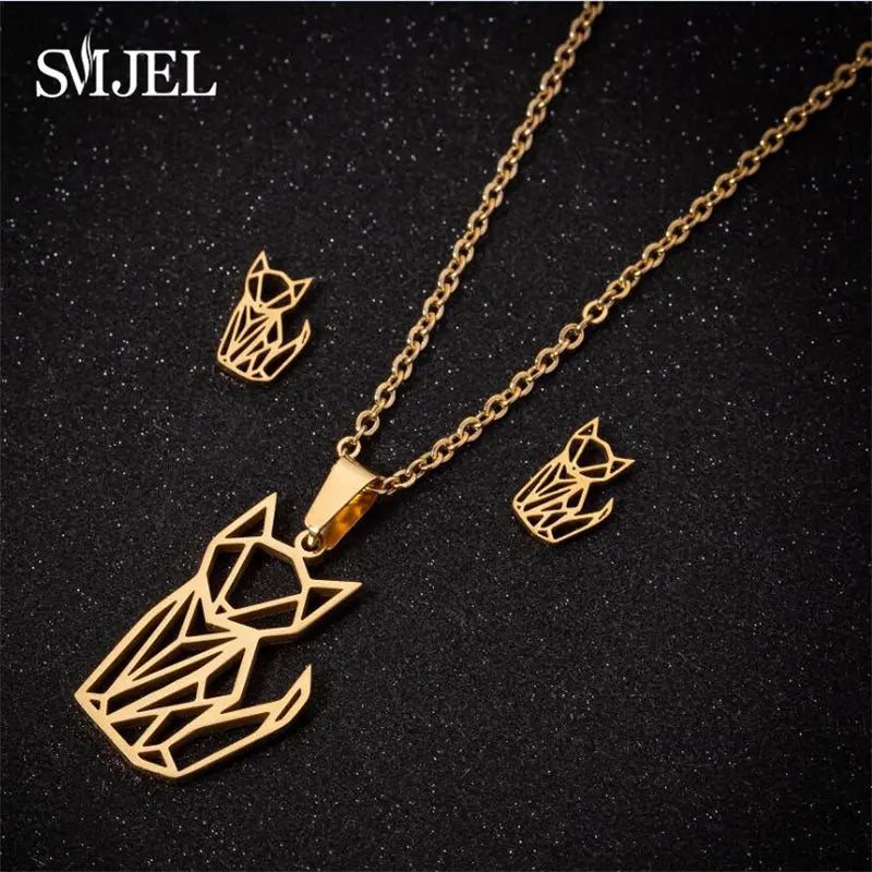 Lovely Gold Color Kitten Cat Stainless Steel Jewelry Set Necklaces Girl Collares Fashion Hollow Cat Earring Necklace Paw Jewelry