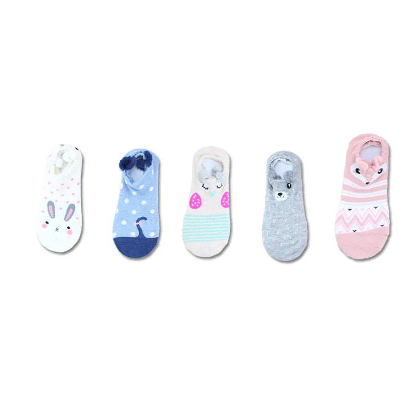 SP&CITY 5Pairs Cute Animal Cotton Socks Female Kawaii Cat with Dog Summer Short Sock Slippers Women Casual Soft Funny Boat Socks