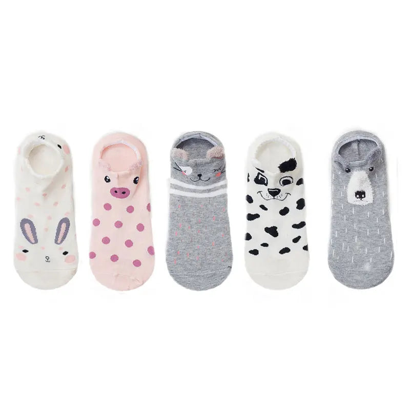 SP&CITY 5Pairs Cute Animal Cotton Socks Female Kawaii Cat with Dog Summer Short Sock Slippers Women Casual Soft Funny Boat Socks