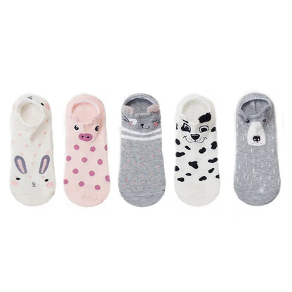 SP&CITY 5Pairs Cute Animal Cotton Socks Female Kawaii Cat with Dog Summer Short Sock Slippers Women Casual Soft Funny Boat Socks