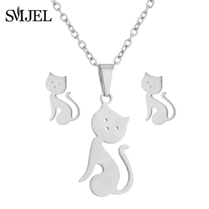Lovely Gold Color Kitten Cat Stainless Steel Jewelry Set Necklaces Girl Collares Fashion Hollow Cat Earring Necklace Paw Jewelry
