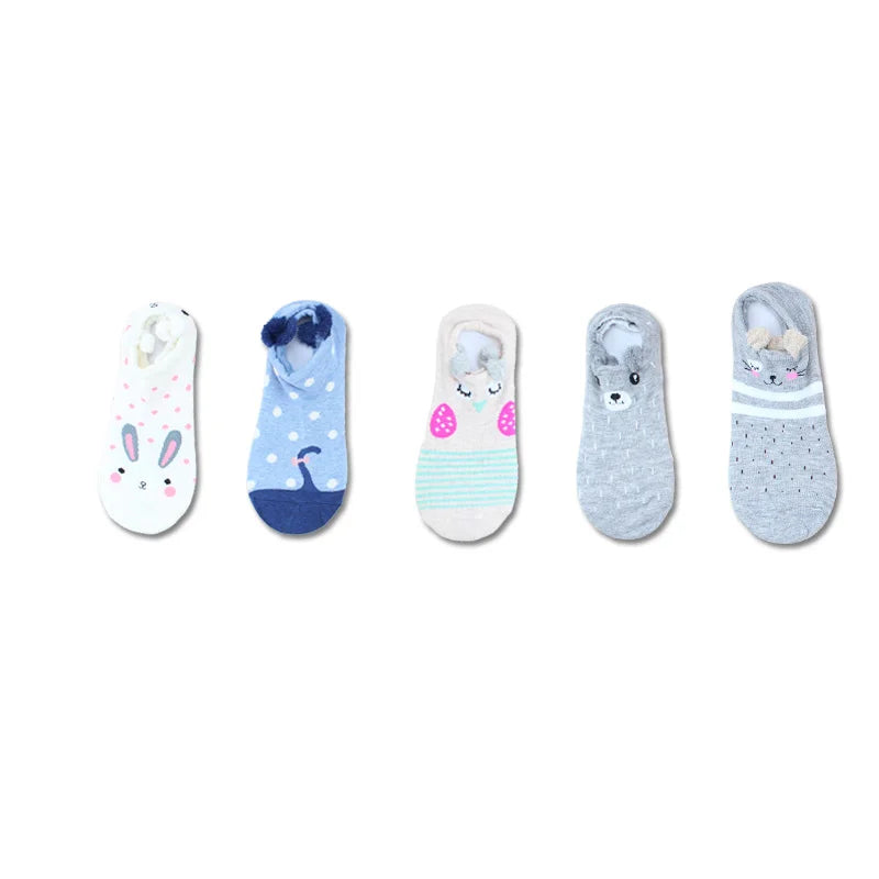 SP&CITY 5Pairs Cute Animal Cotton Socks Female Kawaii Cat with Dog Summer Short Sock Slippers Women Casual Soft Funny Boat Socks