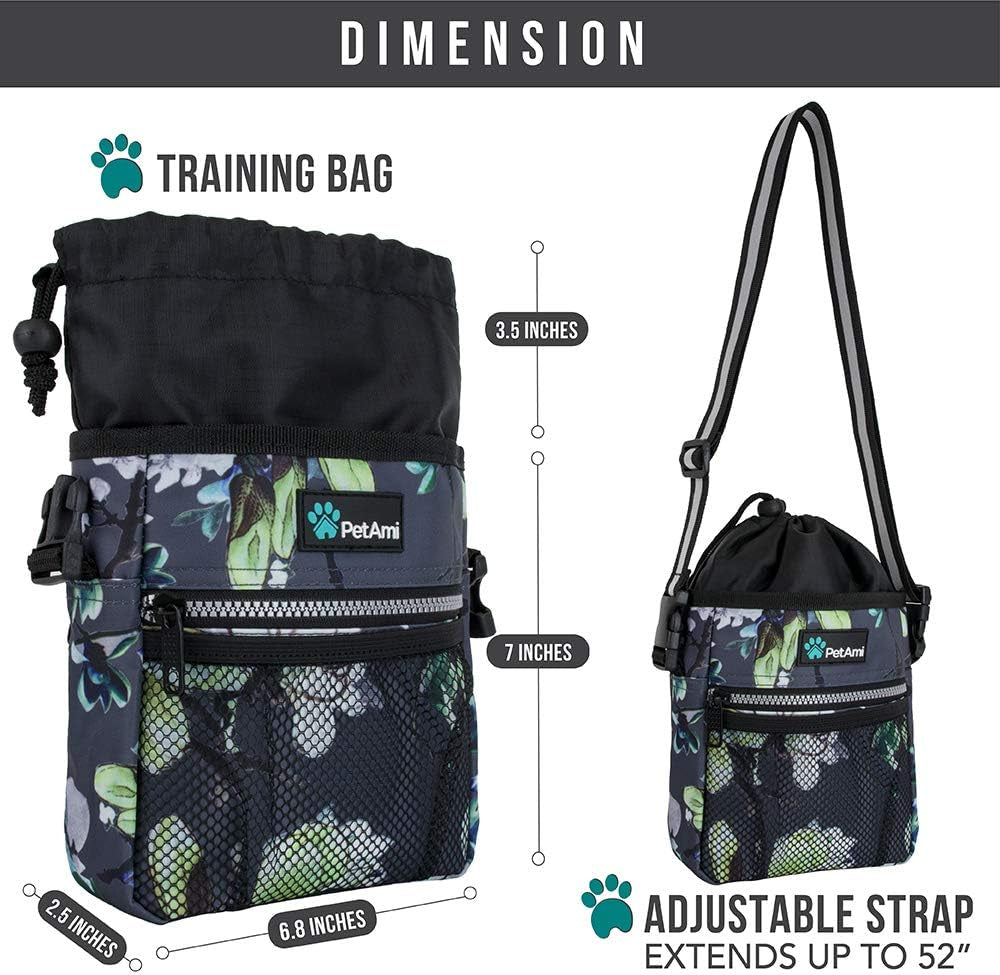 Dog Treat Pouch, Pet Treat Pouch for Training, Dog Walking Bag Holder for Kibbles, Pet Food Toy, Dog Trainer Essentials Supplies, Poop Bag Dispenser, 3 Ways to Wear (Floral Grey)