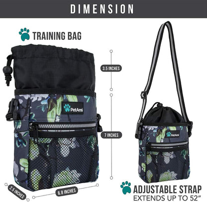 Dog Treat Pouch, Pet Treat Pouch for Training, Dog Walking Bag Holder for Kibbles, Pet Food Toy, Dog Trainer Essentials Supplies, Poop Bag Dispenser, 3 Ways to Wear (Floral Grey)