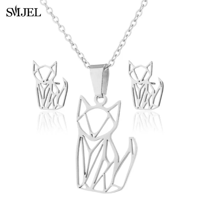Lovely Gold Color Kitten Cat Stainless Steel Jewelry Set Necklaces Girl Collares Fashion Hollow Cat Earring Necklace Paw Jewelry