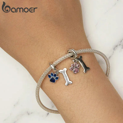 925 Sterling Silver Dog Paw & Bone Pendant Fit for DIY Making Bracelet or Bangle Blue Zirconium Paw Charms Fine Jewelry