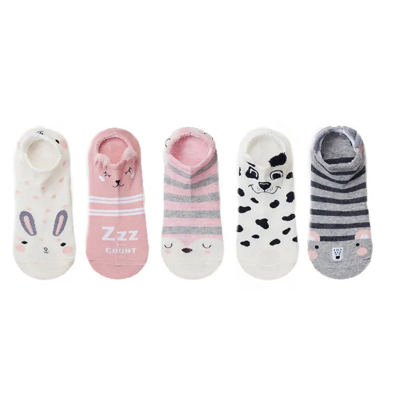 SP&CITY 5Pairs Cute Animal Cotton Socks Female Kawaii Cat with Dog Summer Short Sock Slippers Women Casual Soft Funny Boat Socks
