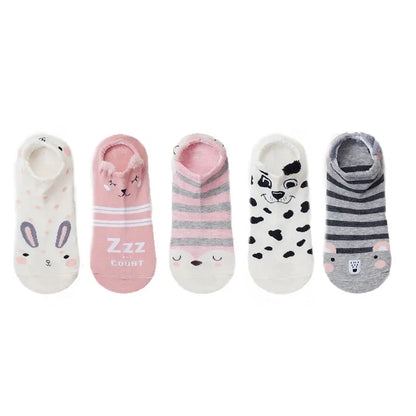 SP&CITY 5Pairs Cute Animal Cotton Socks Female Kawaii Cat with Dog Summer Short Sock Slippers Women Casual Soft Funny Boat Socks
