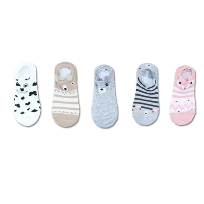 SP&CITY 5Pairs Cute Animal Cotton Socks Female Kawaii Cat with Dog Summer Short Sock Slippers Women Casual Soft Funny Boat Socks