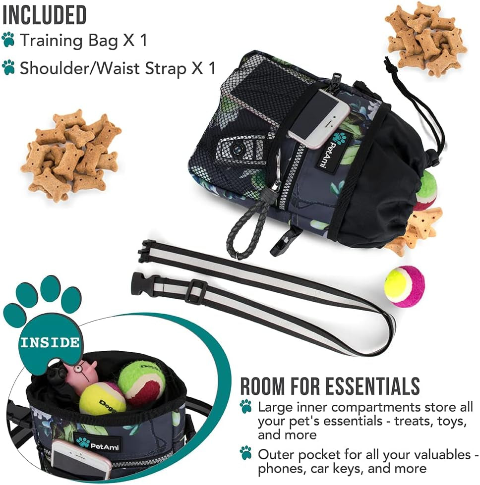 Dog Treat Pouch, Pet Treat Pouch for Training, Dog Walking Bag Holder for Kibbles, Pet Food Toy, Dog Trainer Essentials Supplies, Poop Bag Dispenser, 3 Ways to Wear (Floral Grey)