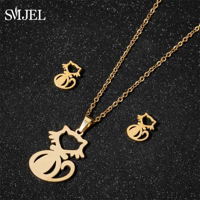Lovely Gold Color Kitten Cat Stainless Steel Jewelry Set Necklaces Girl Collares Fashion Hollow Cat Earring Necklace Paw Jewelry