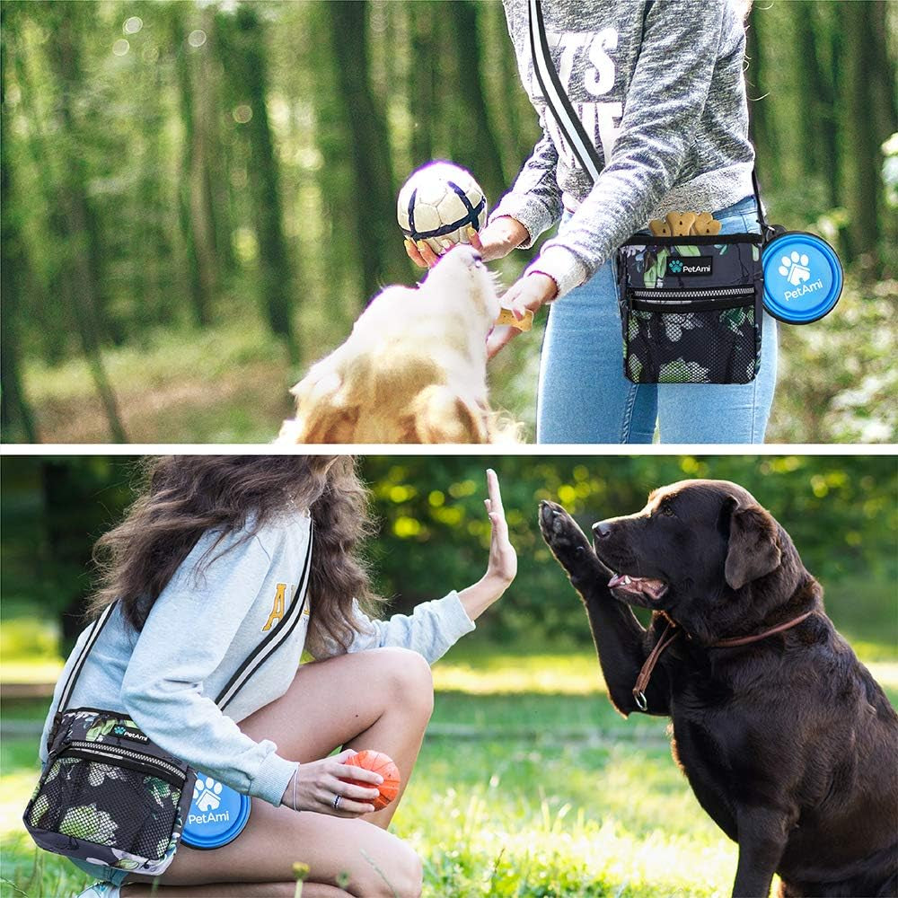 Dog Treat Pouch, Pet Treat Pouch for Training, Dog Walking Bag Holder for Kibbles, Pet Food Toy, Dog Trainer Essentials Supplies, Poop Bag Dispenser, 3 Ways to Wear (Floral Grey)