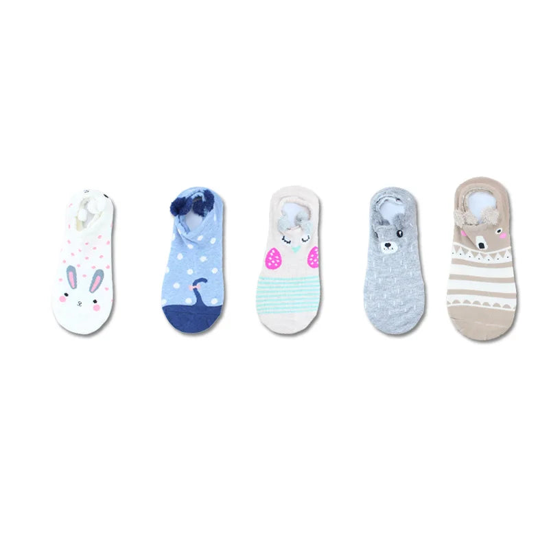 SP&CITY 5Pairs Cute Animal Cotton Socks Female Kawaii Cat with Dog Summer Short Sock Slippers Women Casual Soft Funny Boat Socks