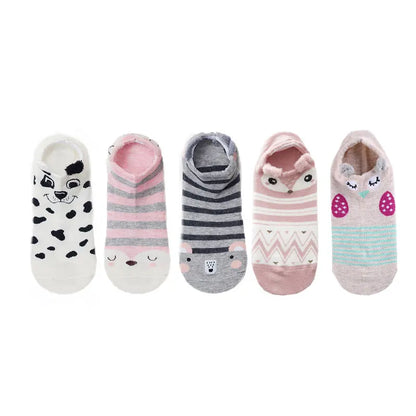 SP&CITY 5Pairs Cute Animal Cotton Socks Female Kawaii Cat with Dog Summer Short Sock Slippers Women Casual Soft Funny Boat Socks