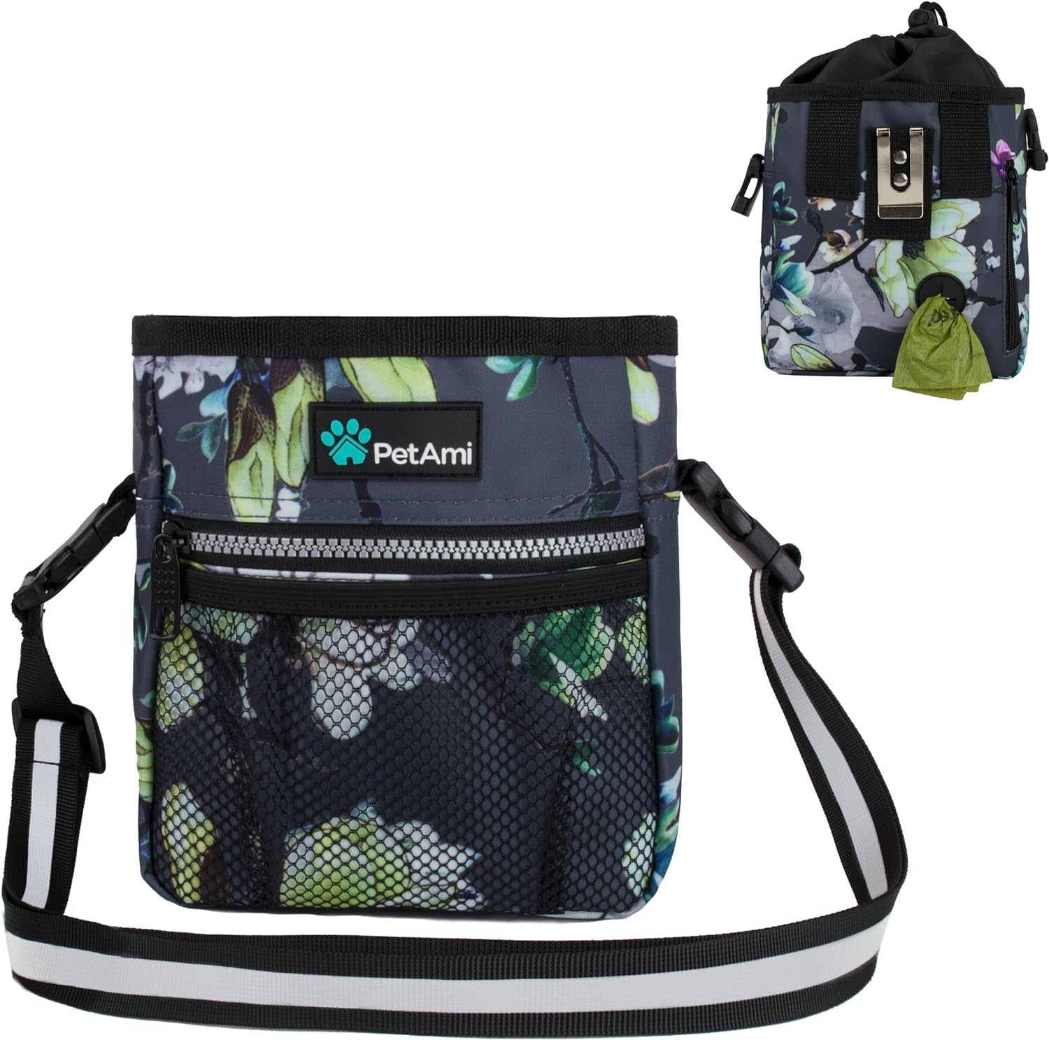 Dog Treat Pouch, Pet Treat Pouch for Training, Dog Walking Bag Holder for Kibbles, Pet Food Toy, Dog Trainer Essentials Supplies, Poop Bag Dispenser, 3 Ways to Wear (Floral Grey)