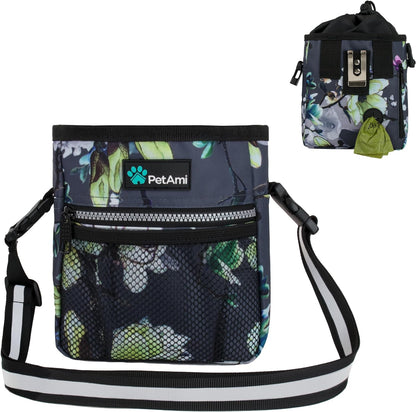 Dog Treat Pouch, Pet Treat Pouch for Training, Dog Walking Bag Holder for Kibbles, Pet Food Toy, Dog Trainer Essentials Supplies, Poop Bag Dispenser, 3 Ways to Wear (Floral Grey)