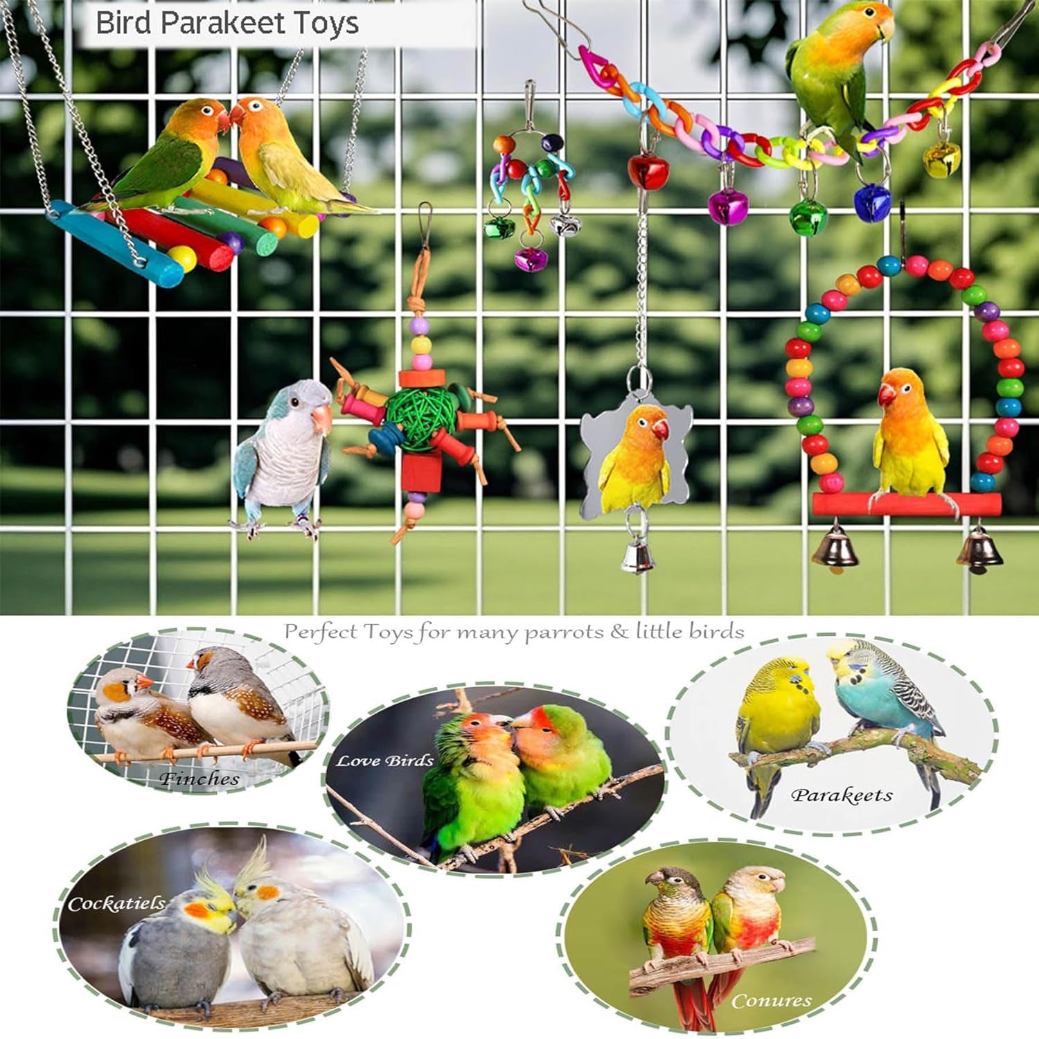 8 Pcs Parakeet Cockatiel Bird Toys, Hanging Bell Pet Bird Cage Hammock Swing Toy Wooden Perch Chewing Toy for Budgerigar, Conures, Love Birds, Finches, Mynah