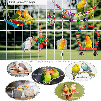 8 Pcs Parakeet Cockatiel Bird Toys, Hanging Bell Pet Bird Cage Hammock Swing Toy Wooden Perch Chewing Toy for Budgerigar, Conures, Love Birds, Finches, Mynah