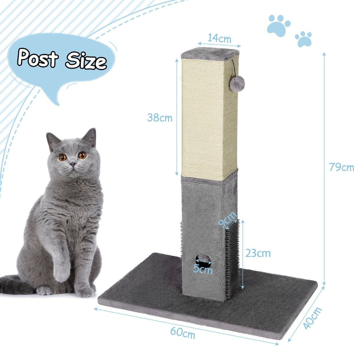 79Cm Tall Cat Scratching Post with Balls Massage Brush and Carpet Base