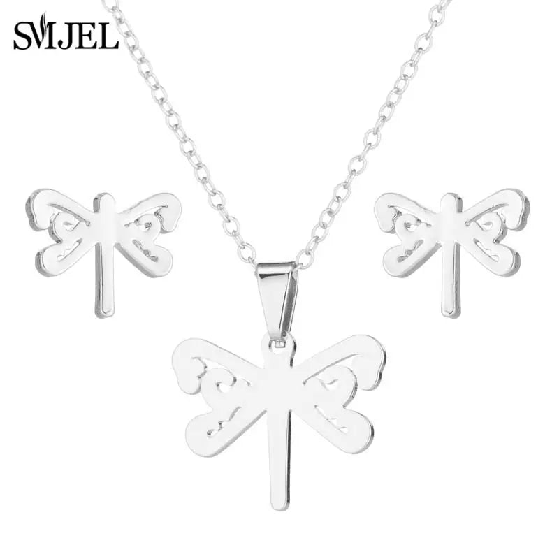 Lovely Gold Color Kitten Cat Stainless Steel Jewelry Set Necklaces Girl Collares Fashion Hollow Cat Earring Necklace Paw Jewelry