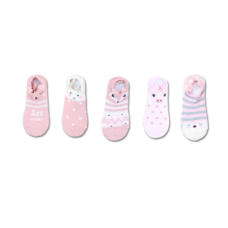 SP&CITY 5Pairs Cute Animal Cotton Socks Female Kawaii Cat with Dog Summer Short Sock Slippers Women Casual Soft Funny Boat Socks