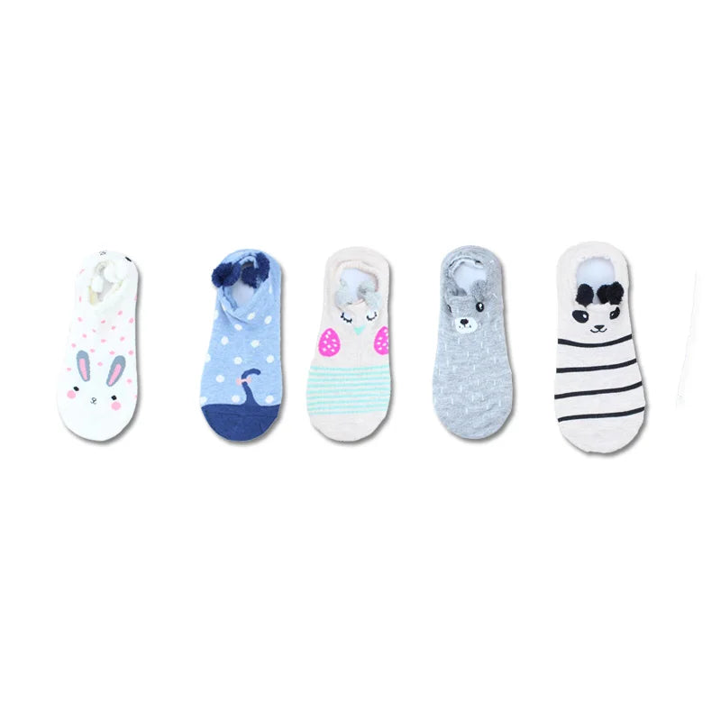 SP&CITY 5Pairs Cute Animal Cotton Socks Female Kawaii Cat with Dog Summer Short Sock Slippers Women Casual Soft Funny Boat Socks