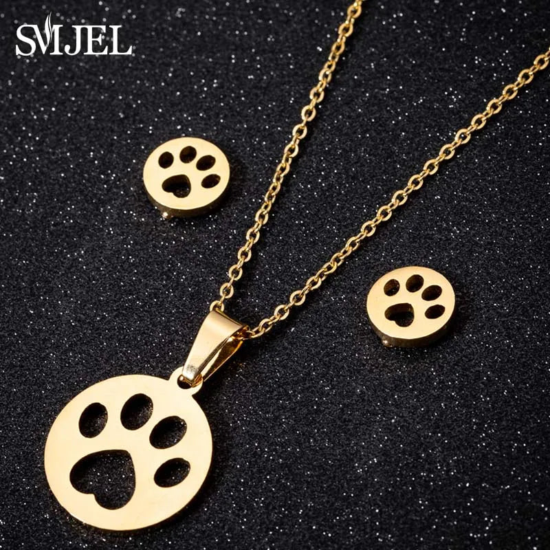 Lovely Gold Color Kitten Cat Stainless Steel Jewelry Set Necklaces Girl Collares Fashion Hollow Cat Earring Necklace Paw Jewelry