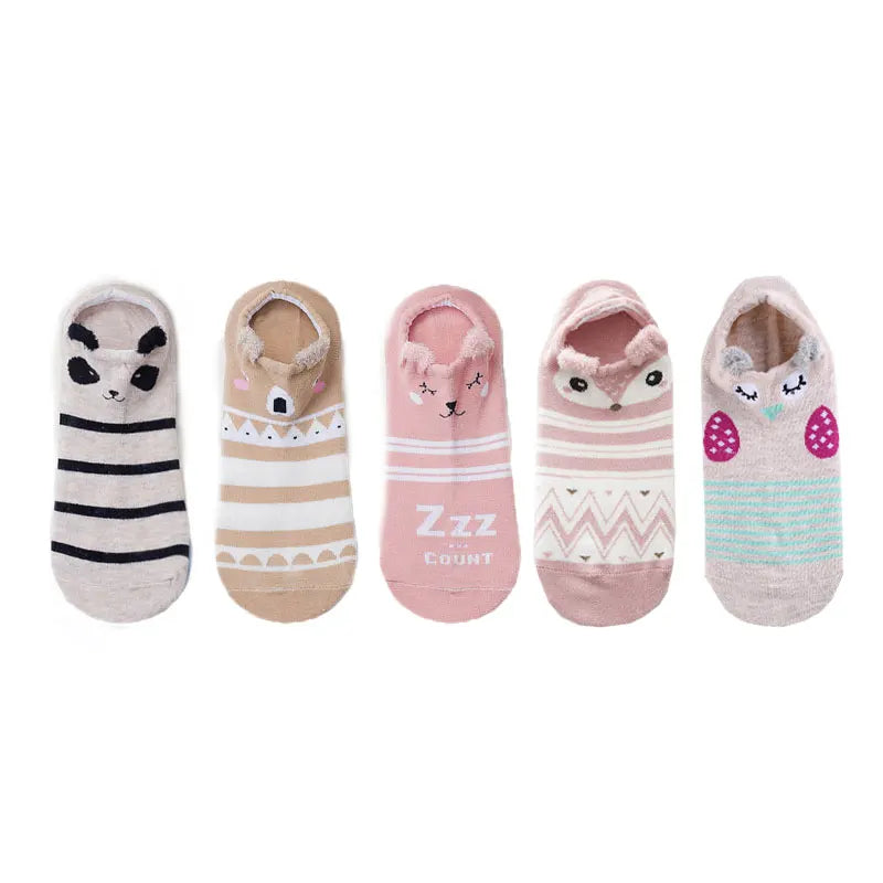 SP&CITY 5Pairs Cute Animal Cotton Socks Female Kawaii Cat with Dog Summer Short Sock Slippers Women Casual Soft Funny Boat Socks