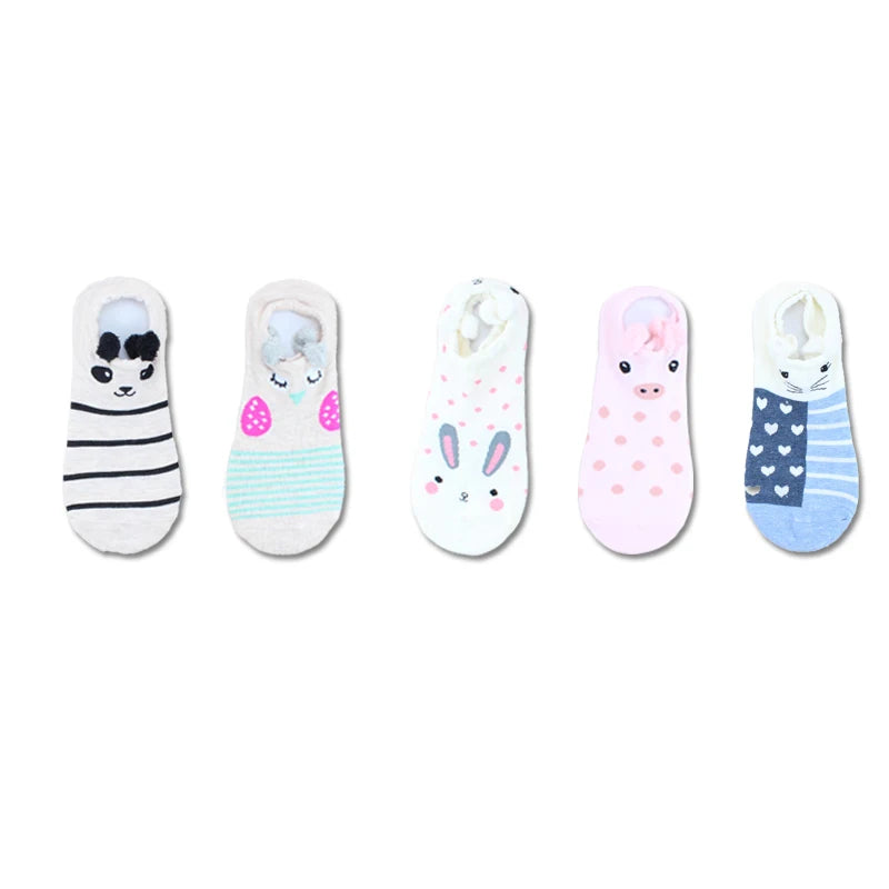 SP&CITY 5Pairs Cute Animal Cotton Socks Female Kawaii Cat with Dog Summer Short Sock Slippers Women Casual Soft Funny Boat Socks