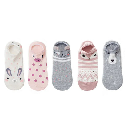SP&CITY 5Pairs Cute Animal Cotton Socks Female Kawaii Cat with Dog Summer Short Sock Slippers Women Casual Soft Funny Boat Socks
