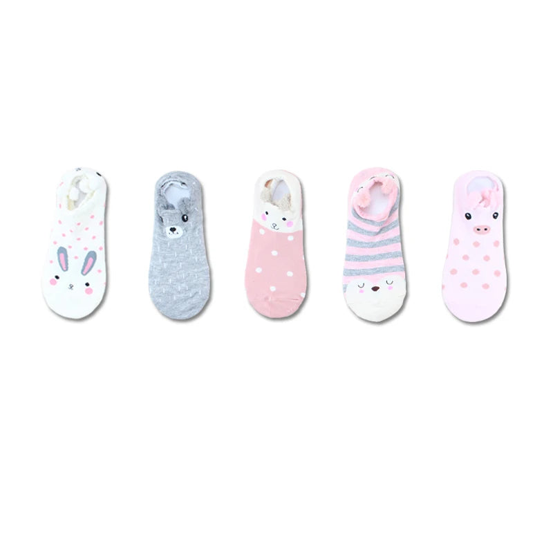 SP&CITY 5Pairs Cute Animal Cotton Socks Female Kawaii Cat with Dog Summer Short Sock Slippers Women Casual Soft Funny Boat Socks