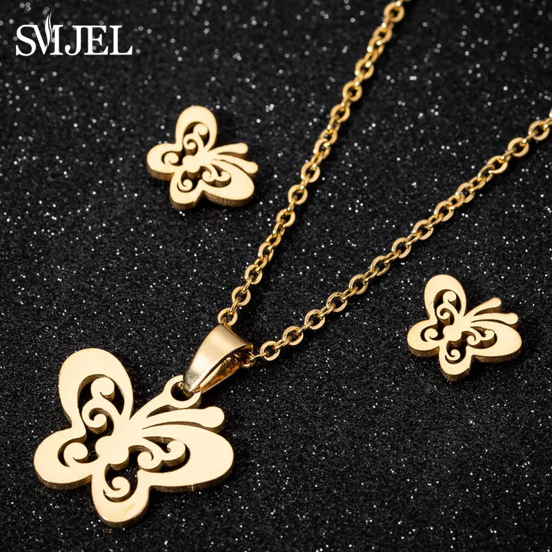 Lovely Gold Color Kitten Cat Stainless Steel Jewelry Set Necklaces Girl Collares Fashion Hollow Cat Earring Necklace Paw Jewelry