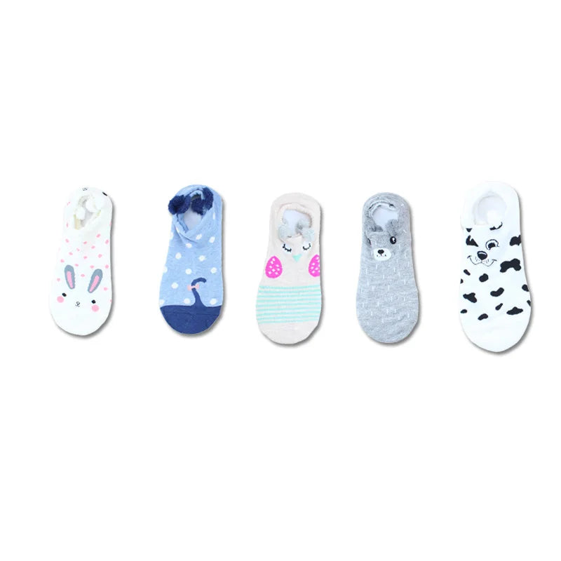 SP&CITY 5Pairs Cute Animal Cotton Socks Female Kawaii Cat with Dog Summer Short Sock Slippers Women Casual Soft Funny Boat Socks