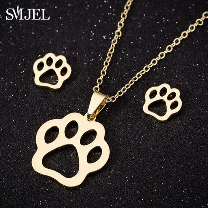 Lovely Gold Color Kitten Cat Stainless Steel Jewelry Set Necklaces Girl Collares Fashion Hollow Cat Earring Necklace Paw Jewelry