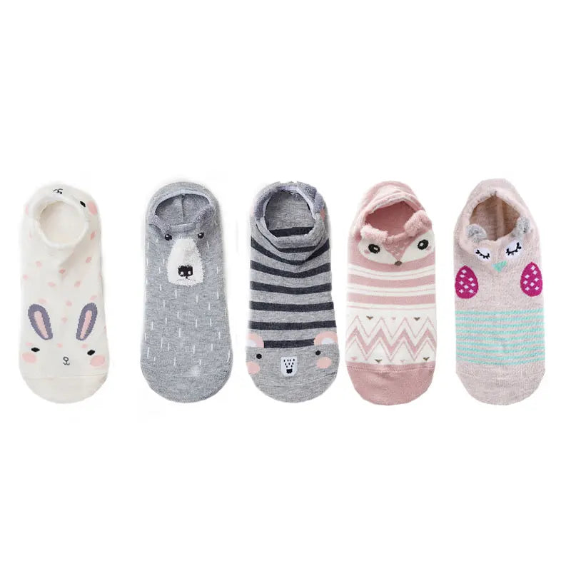 SP&CITY 5Pairs Cute Animal Cotton Socks Female Kawaii Cat with Dog Summer Short Sock Slippers Women Casual Soft Funny Boat Socks