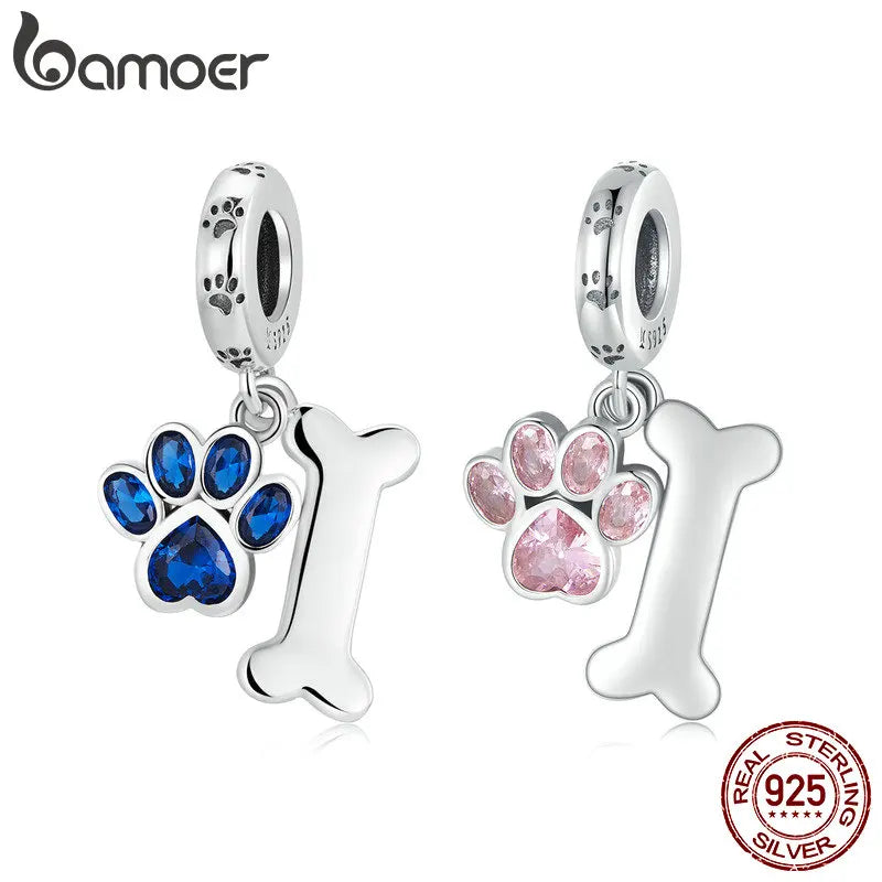 925 Sterling Silver Dog Paw & Bone Pendant Fit for DIY Making Bracelet or Bangle Blue Zirconium Paw Charms Fine Jewelry