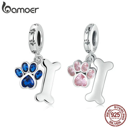 925 Sterling Silver Dog Paw & Bone Pendant Fit for DIY Making Bracelet or Bangle Blue Zirconium Paw Charms Fine Jewelry