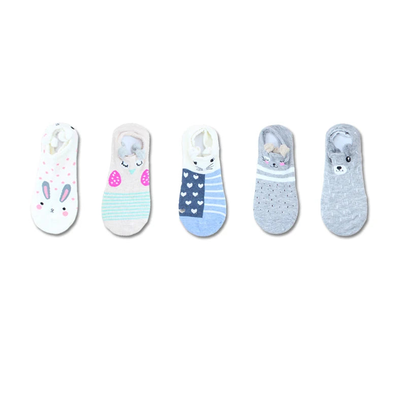 SP&CITY 5Pairs Cute Animal Cotton Socks Female Kawaii Cat with Dog Summer Short Sock Slippers Women Casual Soft Funny Boat Socks