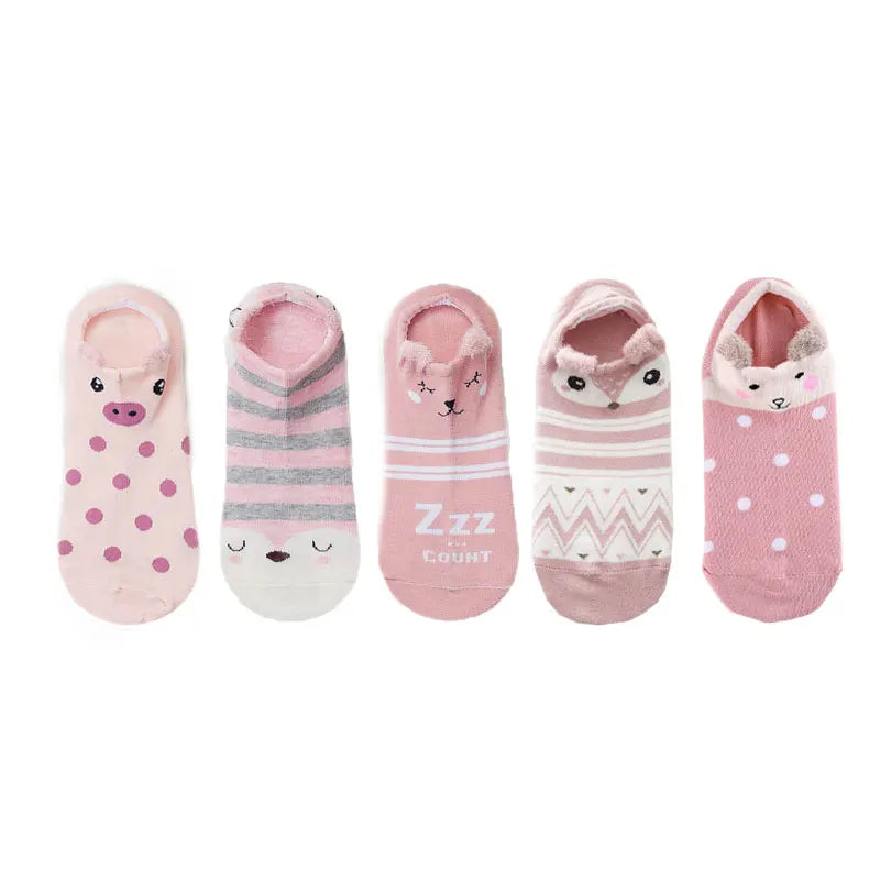 SP&CITY 5Pairs Cute Animal Cotton Socks Female Kawaii Cat with Dog Summer Short Sock Slippers Women Casual Soft Funny Boat Socks