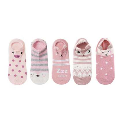 SP&CITY 5Pairs Cute Animal Cotton Socks Female Kawaii Cat with Dog Summer Short Sock Slippers Women Casual Soft Funny Boat Socks