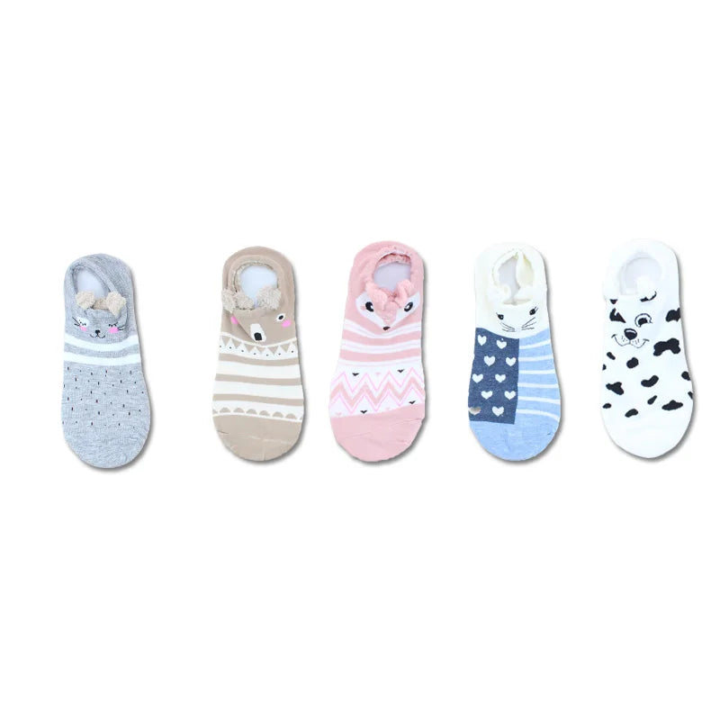 SP&CITY 5Pairs Cute Animal Cotton Socks Female Kawaii Cat with Dog Summer Short Sock Slippers Women Casual Soft Funny Boat Socks