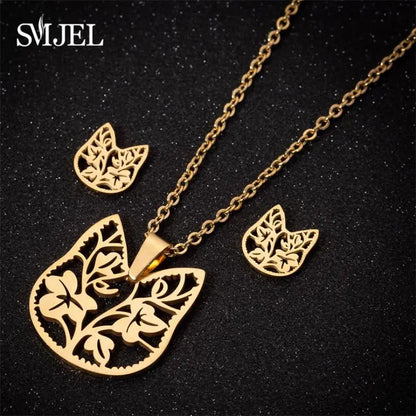 Lovely Gold Color Kitten Cat Stainless Steel Jewelry Set Necklaces Girl Collares Fashion Hollow Cat Earring Necklace Paw Jewelry