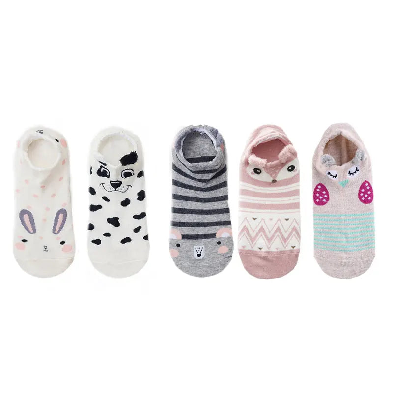 SP&CITY 5Pairs Cute Animal Cotton Socks Female Kawaii Cat with Dog Summer Short Sock Slippers Women Casual Soft Funny Boat Socks