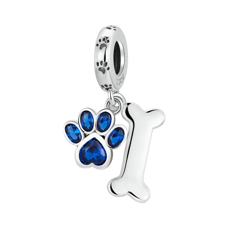 925 Sterling Silver Dog Paw & Bone Pendant Fit for DIY Making Bracelet or Bangle Blue Zirconium Paw Charms Fine Jewelry