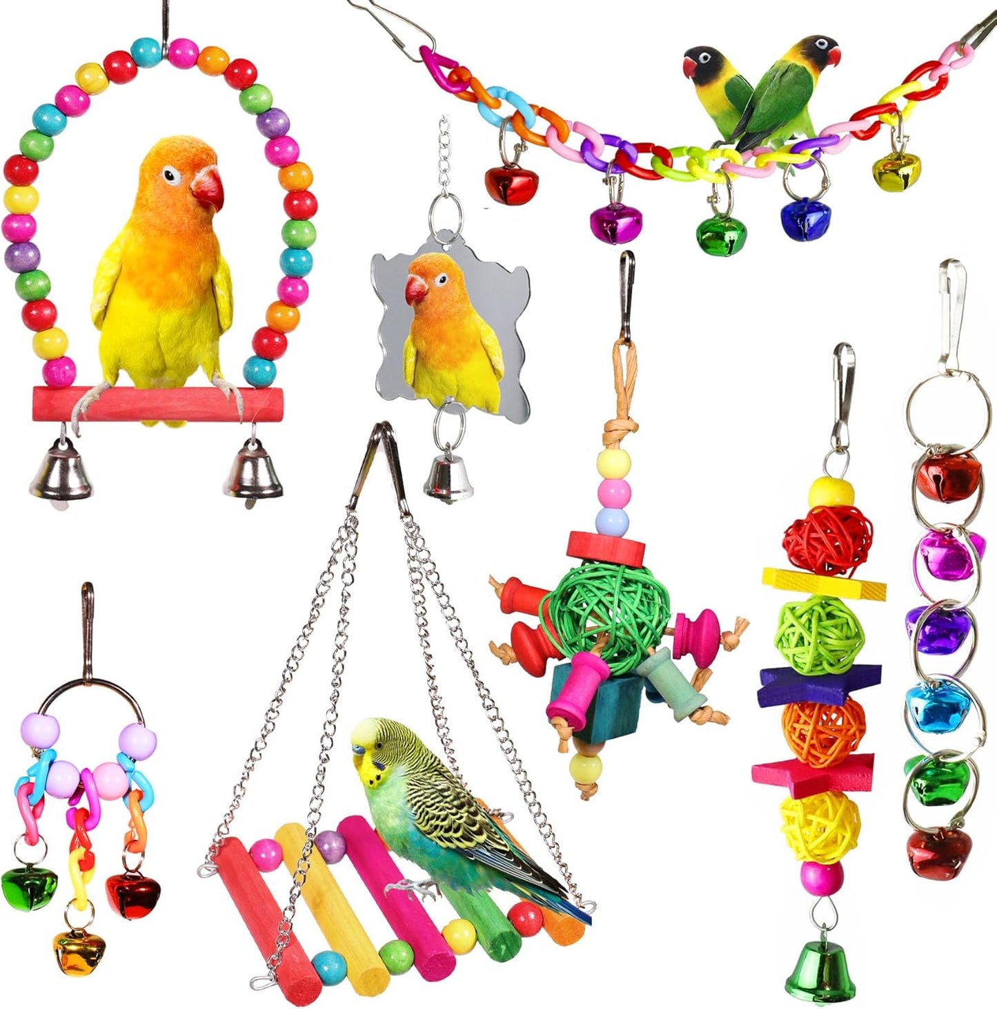 8 Pcs Parakeet Cockatiel Bird Toys, Hanging Bell Pet Bird Cage Hammock Swing Toy Wooden Perch Chewing Toy for Budgerigar, Conures, Love Birds, Finches, Mynah