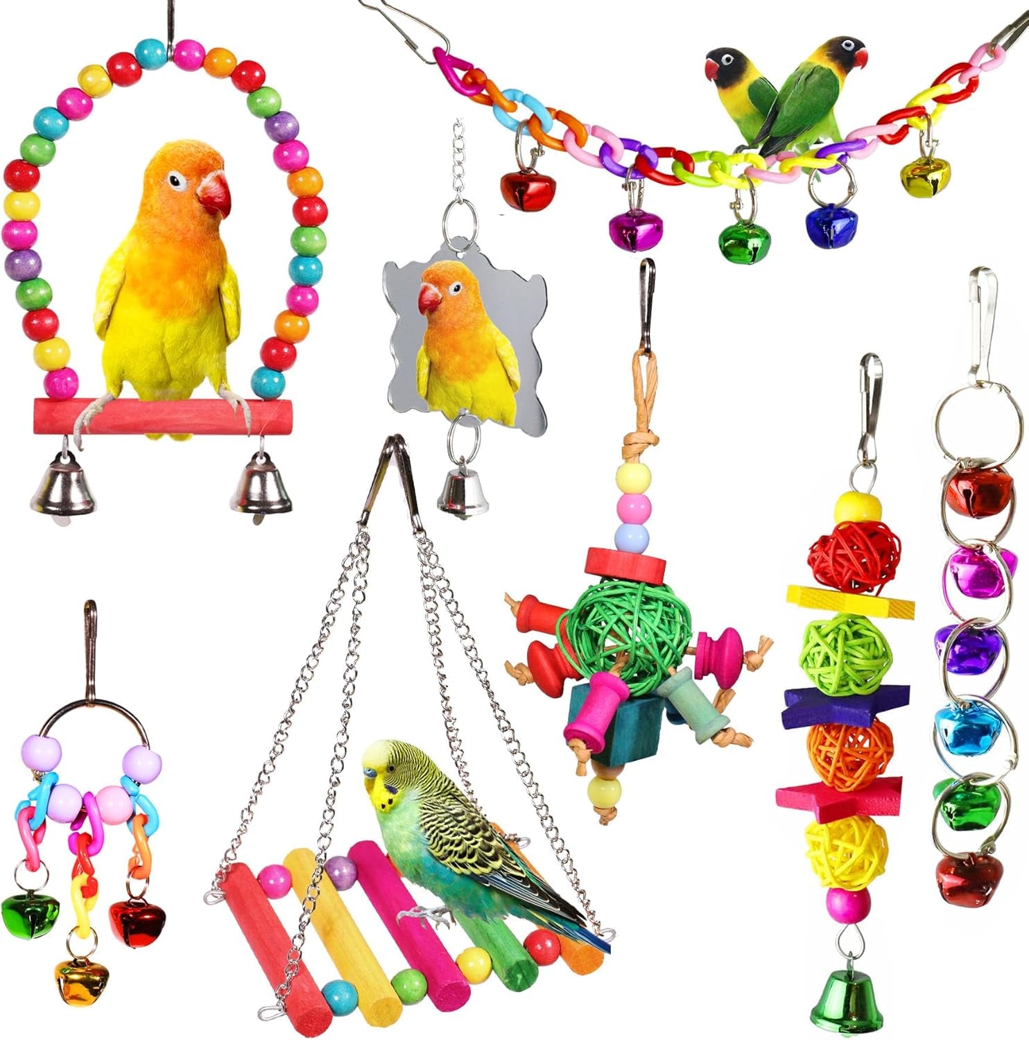8 Pcs Parakeet Cockatiel Bird Toys, Hanging Bell Pet Bird Cage Hammock Swing Toy Wooden Perch Chewing Toy for Budgerigar, Conures, Love Birds, Finches, Mynah