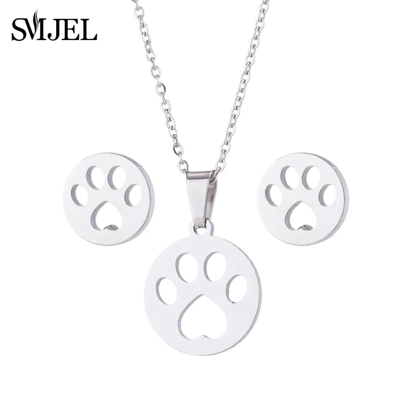 Lovely Gold Color Kitten Cat Stainless Steel Jewelry Set Necklaces Girl Collares Fashion Hollow Cat Earring Necklace Paw Jewelry