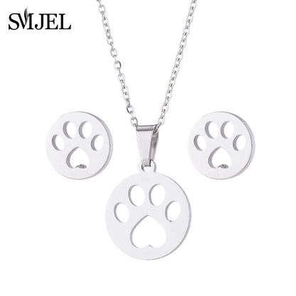 Lovely Gold Color Kitten Cat Stainless Steel Jewelry Set Necklaces Girl Collares Fashion Hollow Cat Earring Necklace Paw Jewelry