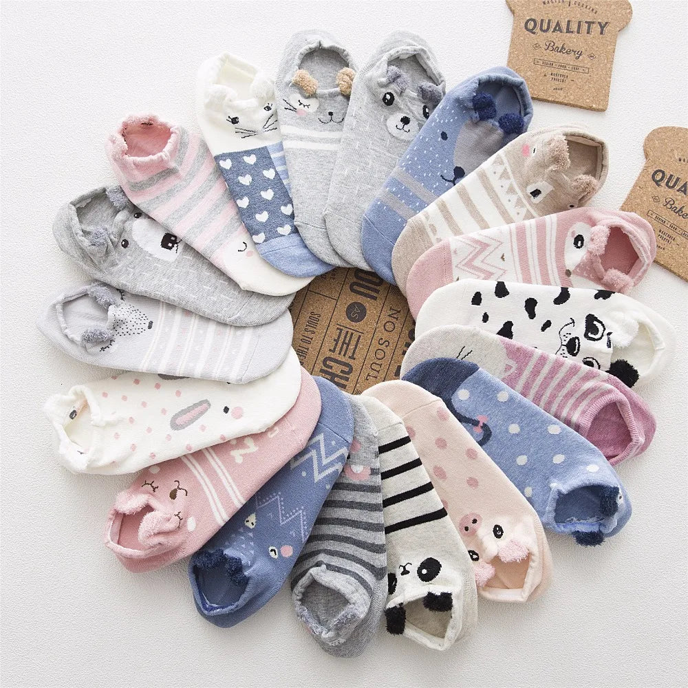 SP&CITY 5Pairs Cute Animal Cotton Socks Female Kawaii Cat with Dog Summer Short Sock Slippers Women Casual Soft Funny Boat Socks