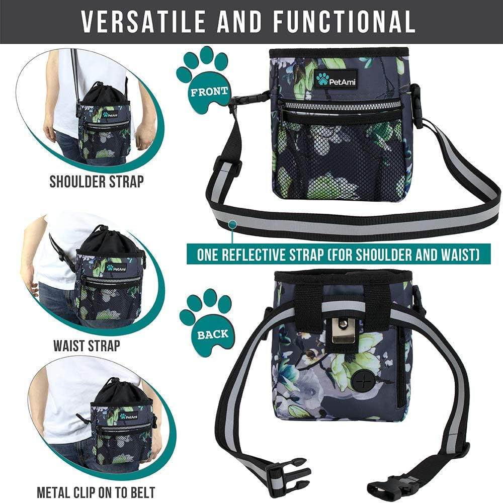 Dog Treat Pouch, Pet Treat Pouch for Training, Dog Walking Bag Holder for Kibbles, Pet Food Toy, Dog Trainer Essentials Supplies, Poop Bag Dispenser, 3 Ways to Wear (Floral Grey)